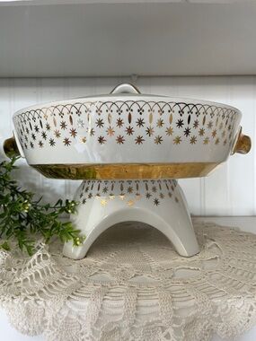 Vintage Flare-Ware Starburst Covered Casserole Pedestal Atomic Hall China